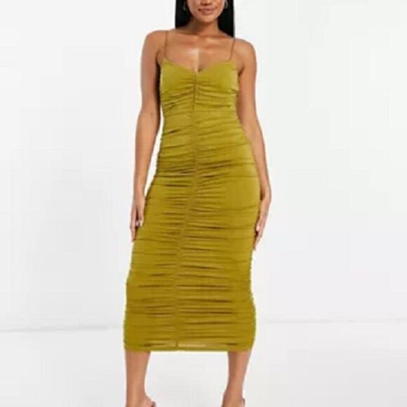 ASOS Design Cami Strappy Midi Dress Ruched Detail Gold Size US 06 - Picture 1 of 8